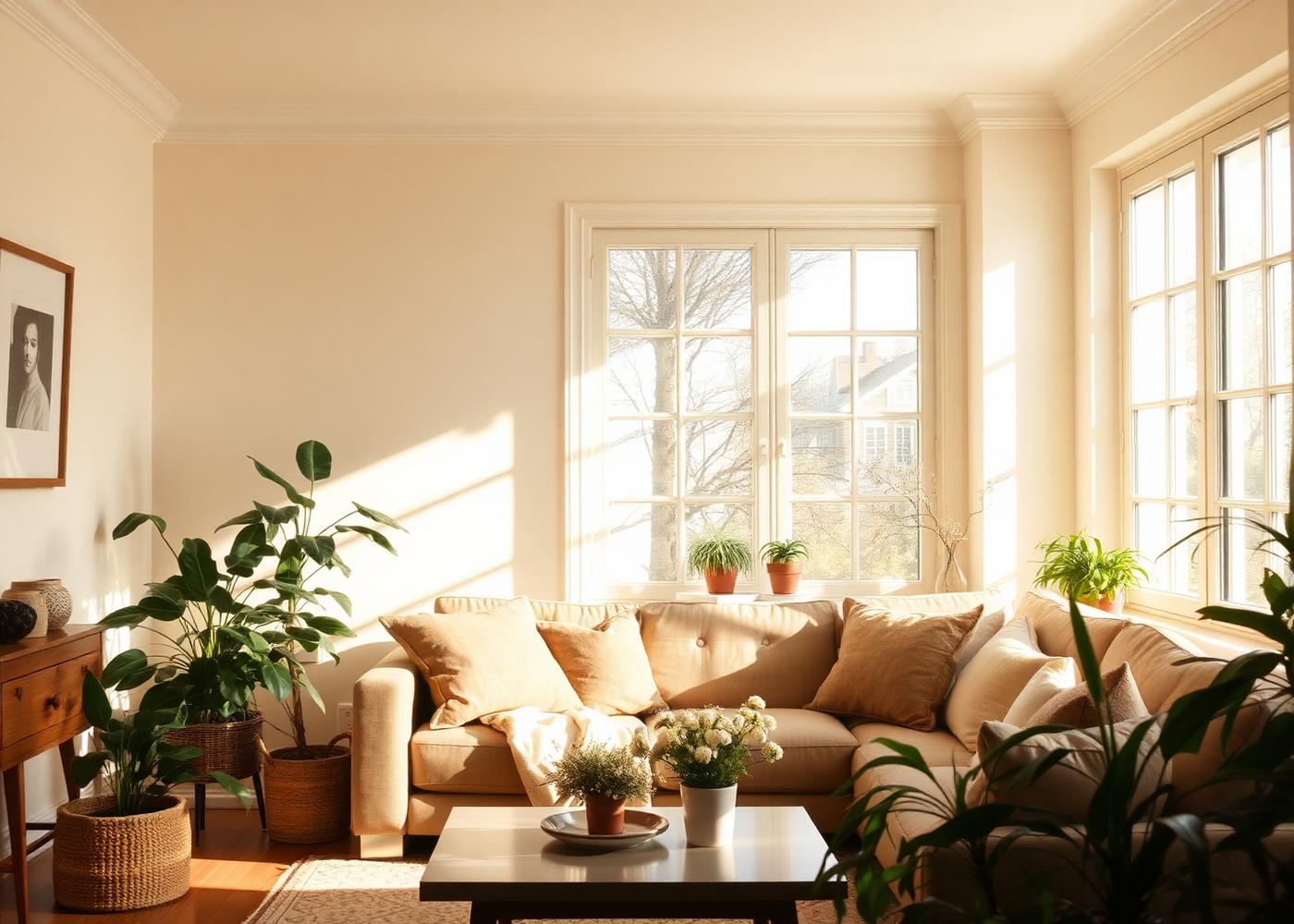 Warm, sunlit living room